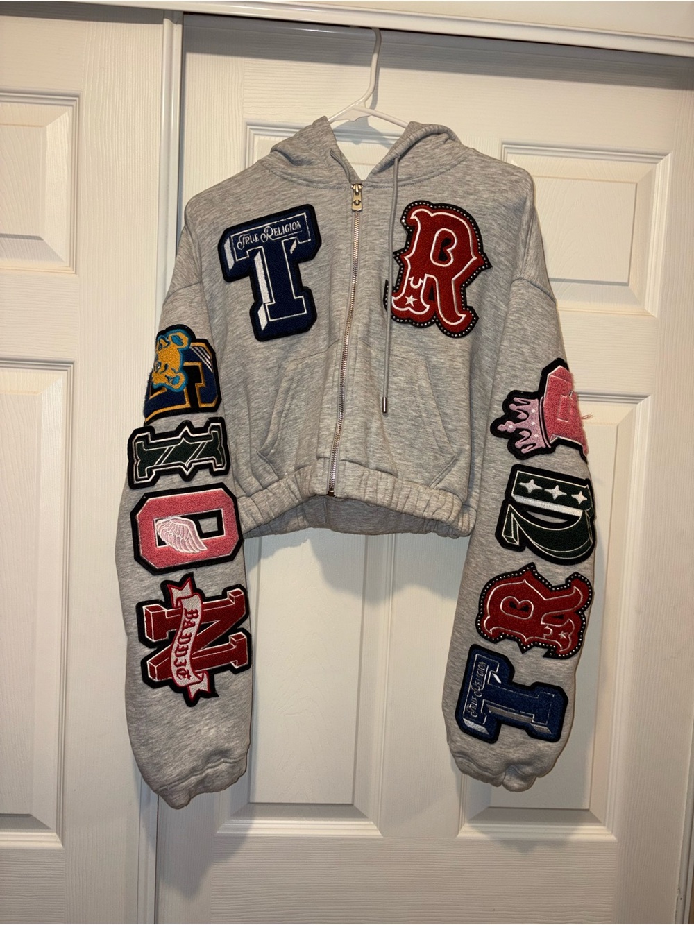 True Religion Light Gray Cropped Hoodie with Multicolor Patches